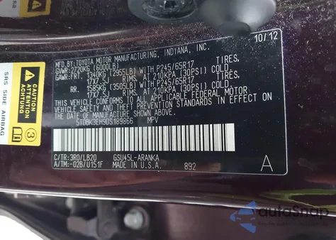 2013 Toyota Highlander Se V6 z USA, uszkodzony, nr VIN 5TDBK3EH9DS189866